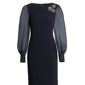 Floral Broach Silk Organza Puff-Sleeve Sheath Dress